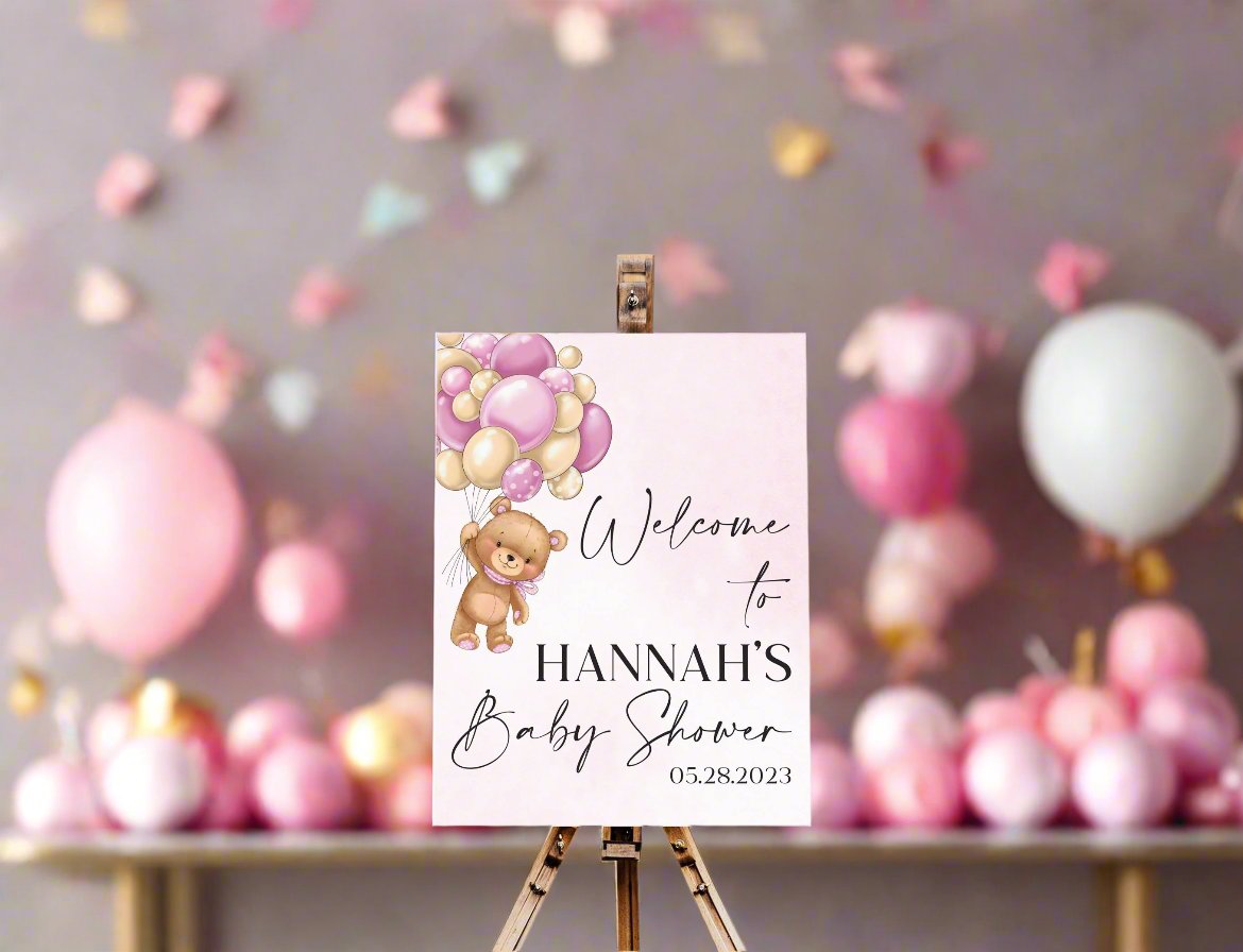 Pink Bear Baby Shower Sign